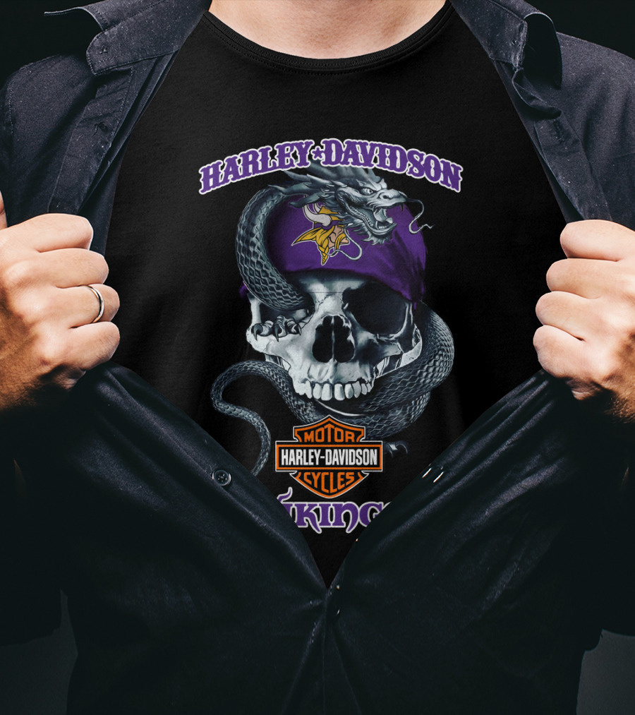 Harley Davidson Minnesota Vikings Skull With Dragon Bandana T-Shirt