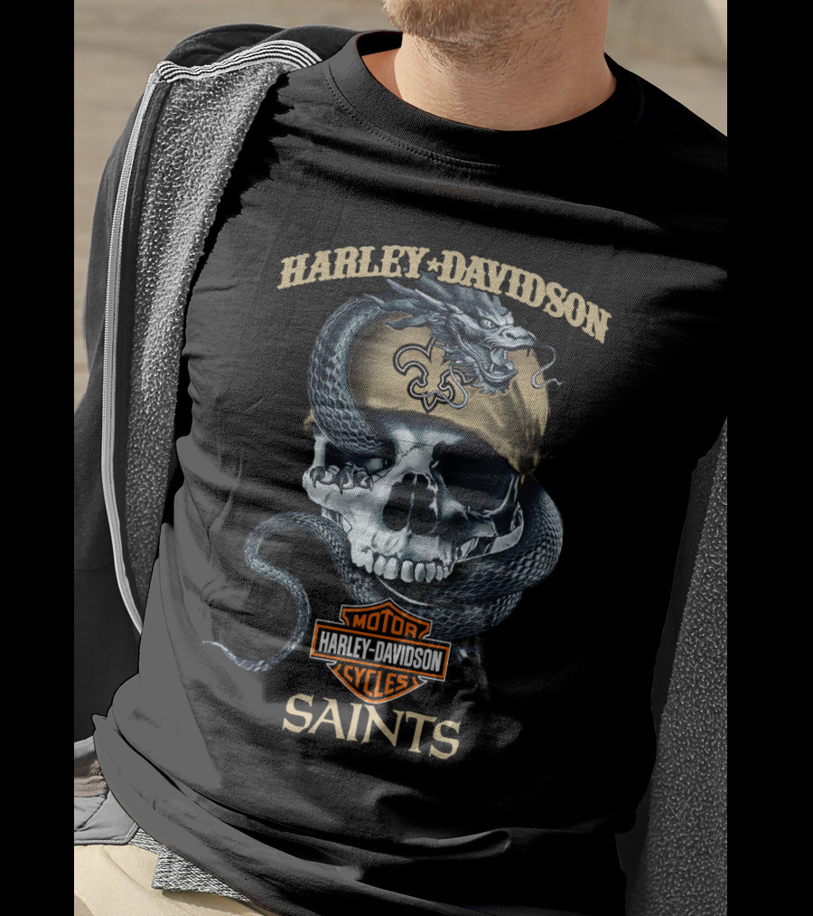 Harley Davidson Motor Cycles Skull Snake New Orleans Saints T-Shirt