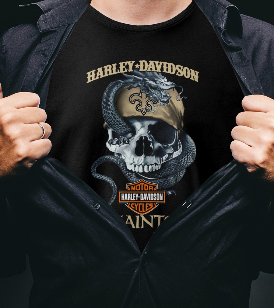 Harley Davidson Motor Cycles Skull Snake New Orleans Saints T-Shirt
