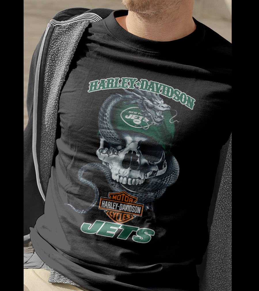 Harley Davidson New York Jets Motor Cycles Skull And Snake T-Shirt