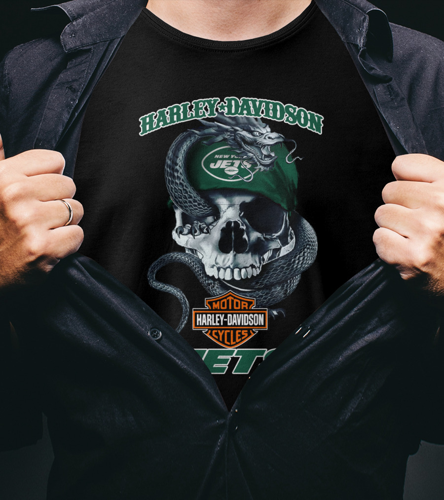 Harley Davidson New York Jets Motor Cycles Skull And Snake T-Shirt