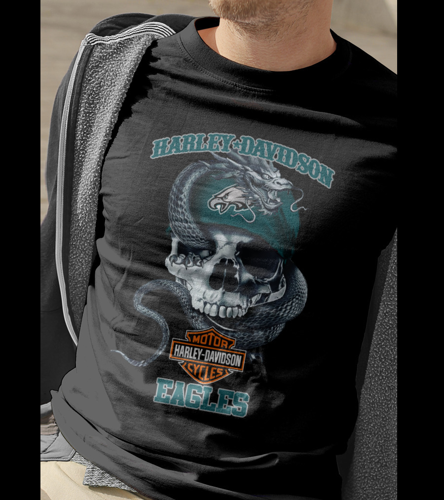 Harley Davidson Motor Cycles Philadelphia Eagles Skull Snake T-Shirt