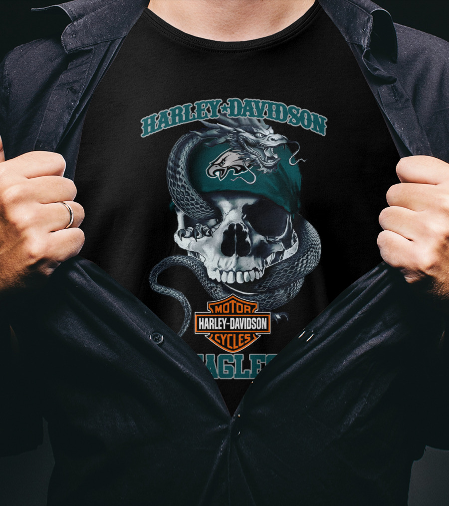 Harley Davidson Motor Cycles Philadelphia Eagles Skull Snake T-Shirt