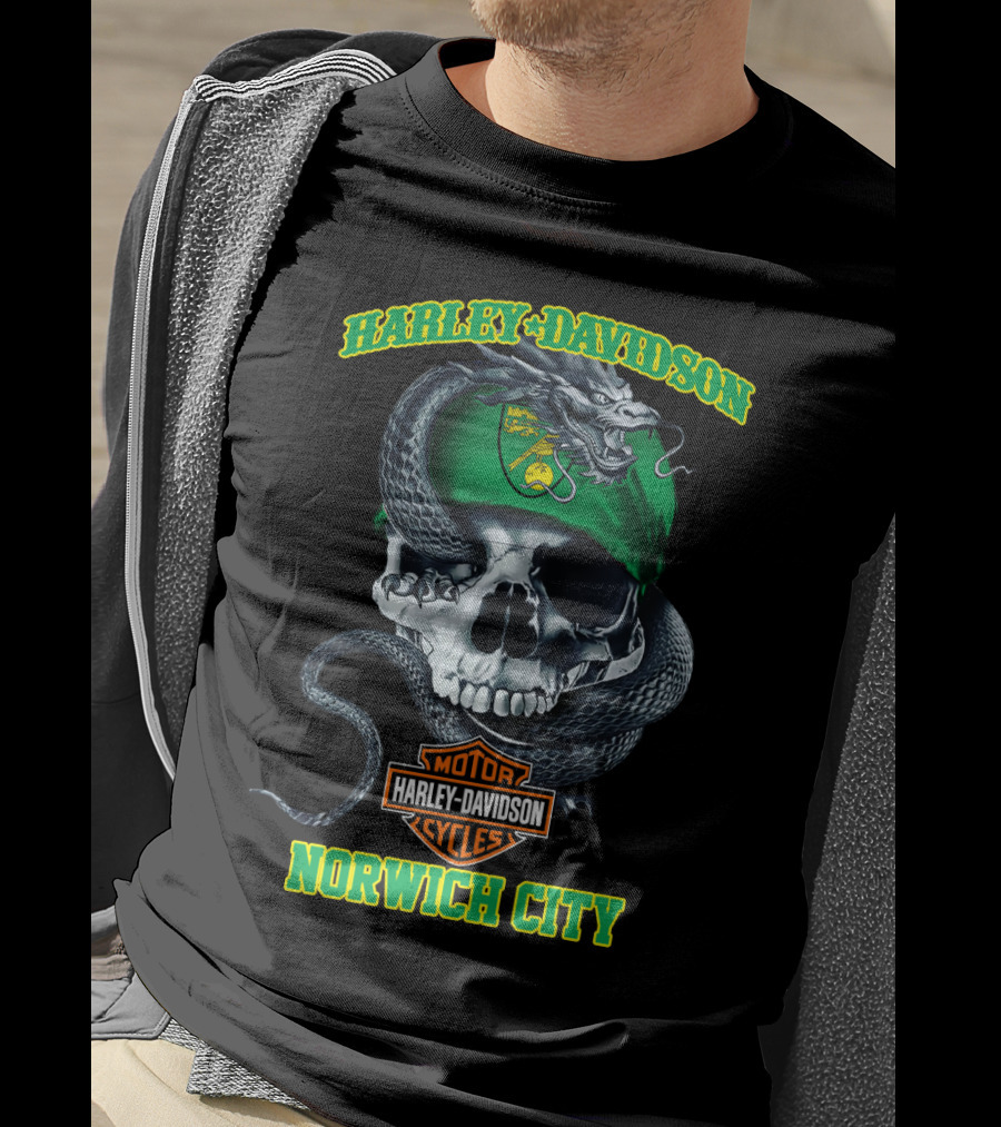 Harley Davidson Motor Cycles Skull Snake Norwich City T-Shirt