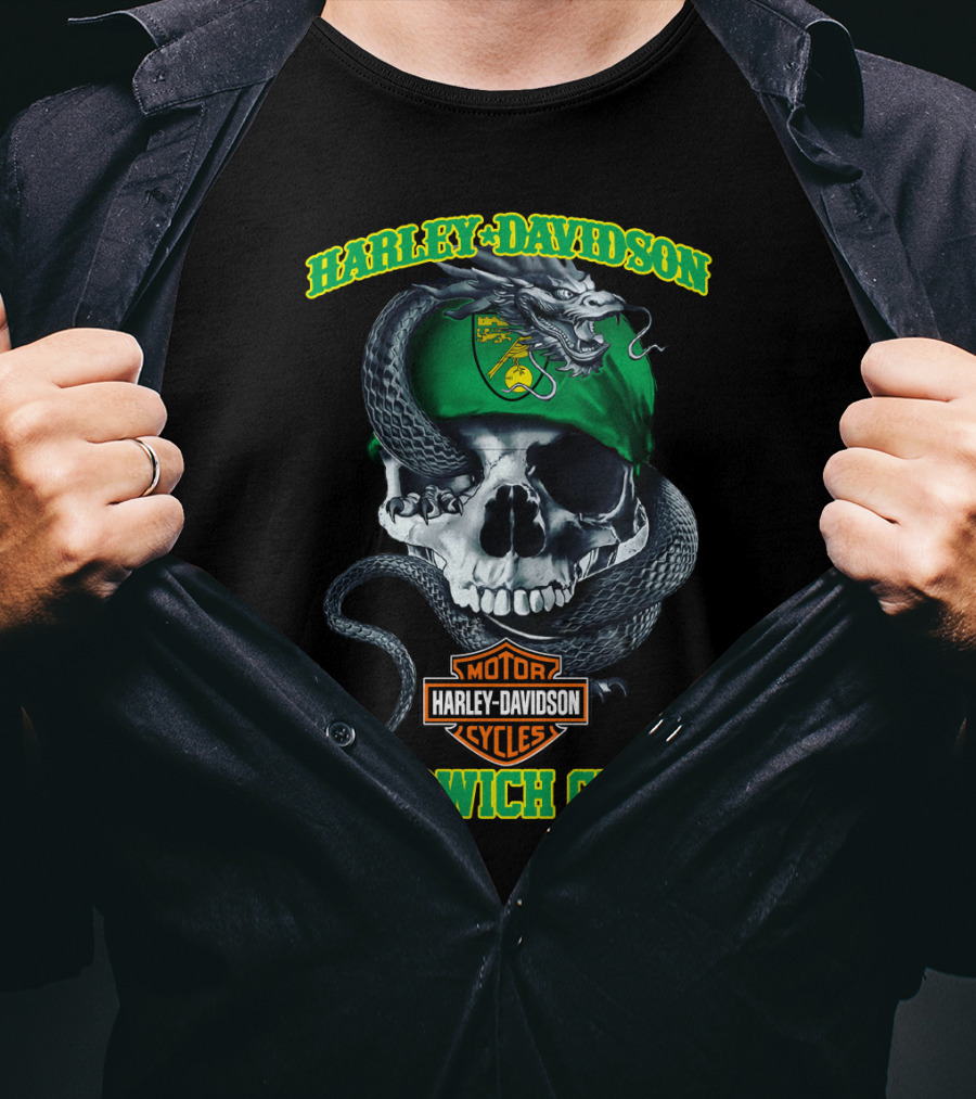 Harley Davidson Motor Cycles Skull Snake Norwich City T-Shirt