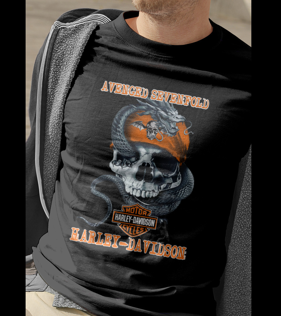 Avenged Sevenfold Harley Davidson Skull With Dragon And Bandana T-Shirt