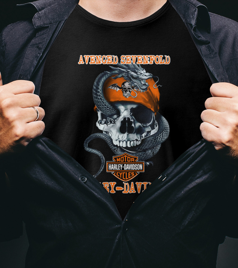 Avenged Sevenfold Harley Davidson Skull With Dragon And Bandana T-Shirt