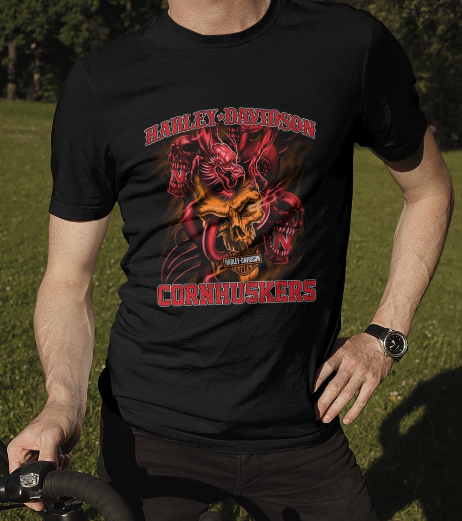 Harley Davidson Cornhuskers Nebraska N Cyclones Fire Skull T-Shirt