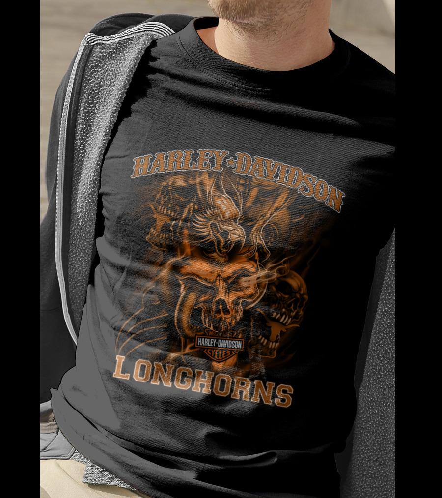 Harley Davidson Longhorns Texas Skulls And Flames T-Shirt