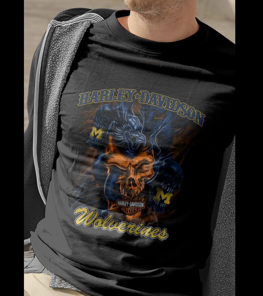 Harley Davidson Cycles Wolverines Michigan M Logo Skull T-Shirt