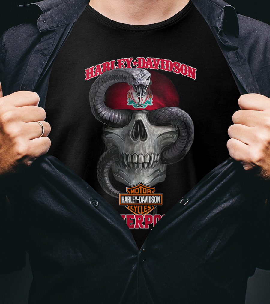 Harley Davidson Motor Cycles Liverpool Skull Serpent Crest Red T-Shirt