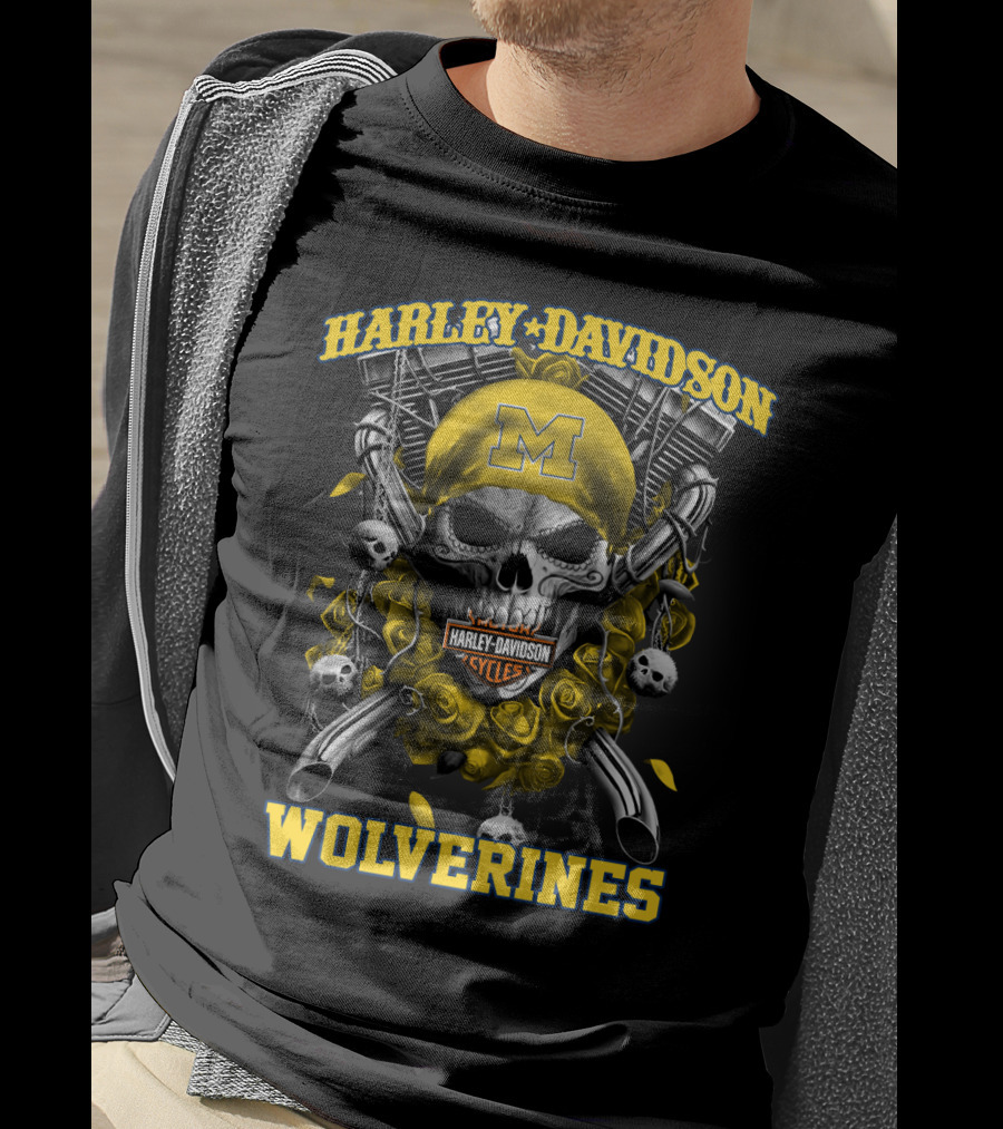 Harley Davidson Michigan Wolverines Skull Rose M Cycles T-Shirt