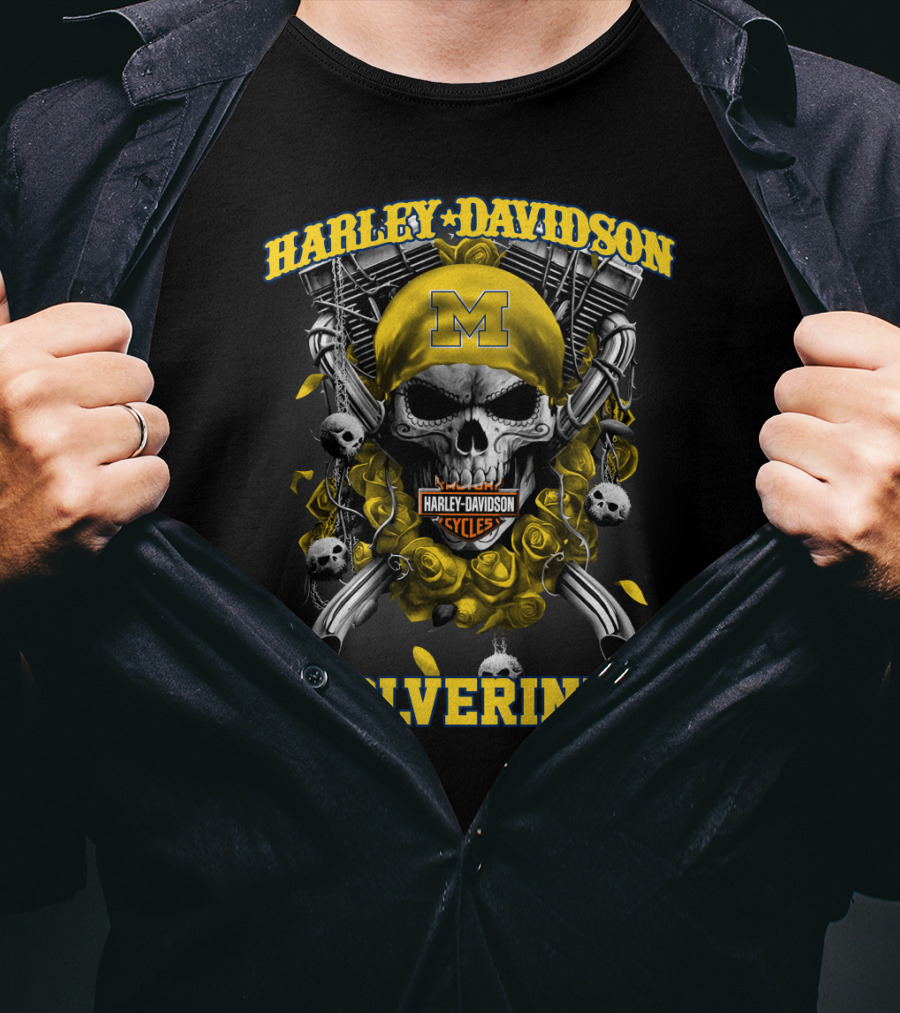 Harley Davidson Michigan Wolverines Skull Rose M Cycles T-Shirt