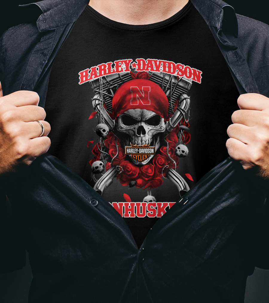 Harley Davidson Nebraska Cornhuskers Skull And Roses T-Shirt