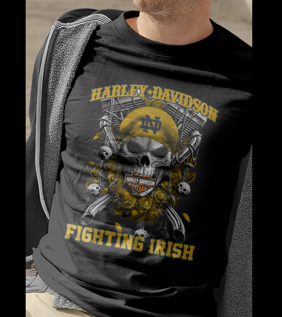 Harley Davidson Notre Dame Fighting Irish Skull And Pistons T-Shirt