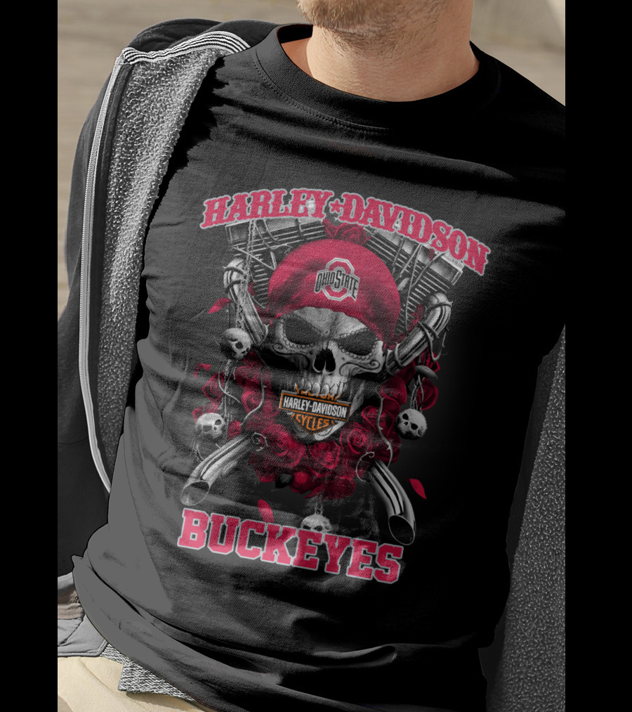 Harley Davidson Ohio State Buckeyes Skull Roses Motorcycles T-Shirt