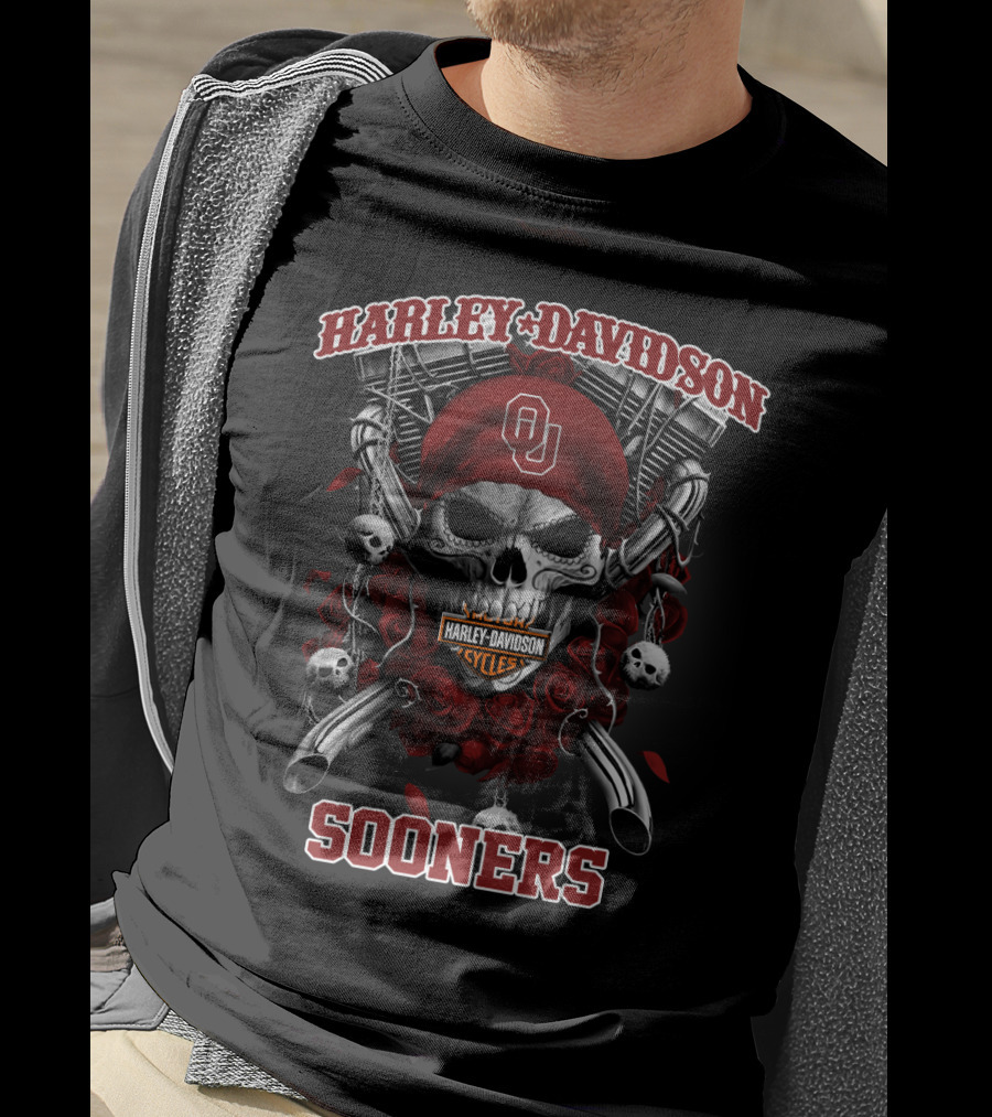 Harley Davidson Cycles Oklahoma Sooners Ou Skull Roses T-Shirt