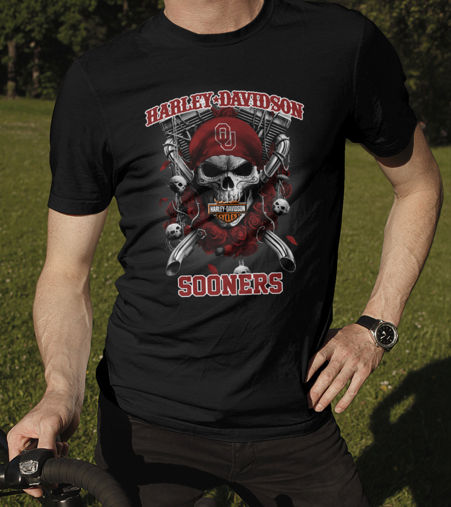 Harley Davidson Cycles Oklahoma Sooners Ou Skull Roses T-Shirt