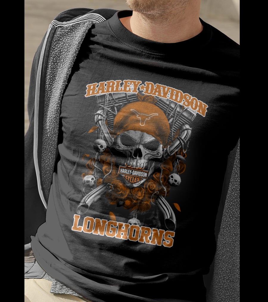 Harley Davidson Cycles Skull Orange Bandana Longhorns T-Shirt