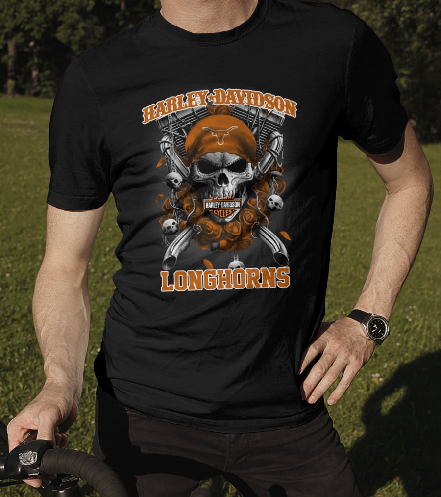 Harley Davidson Cycles Skull Orange Bandana Longhorns T-Shirt