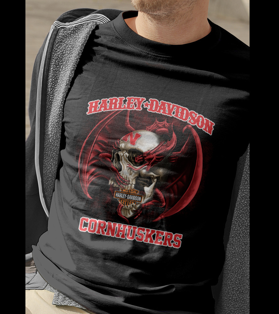 Harley Davidson Cornhuskers Skull With Red Dragon Wings T-Shirt