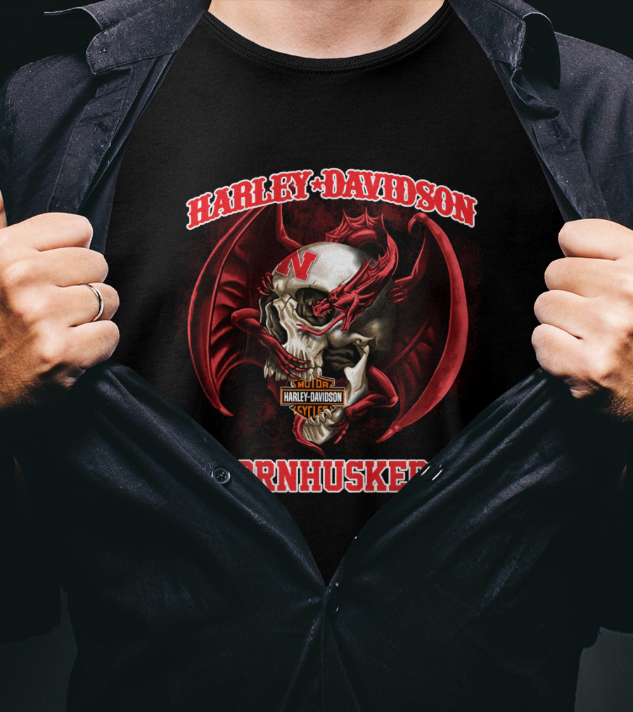 Harley Davidson Cornhuskers Skull With Red Dragon Wings T-Shirt