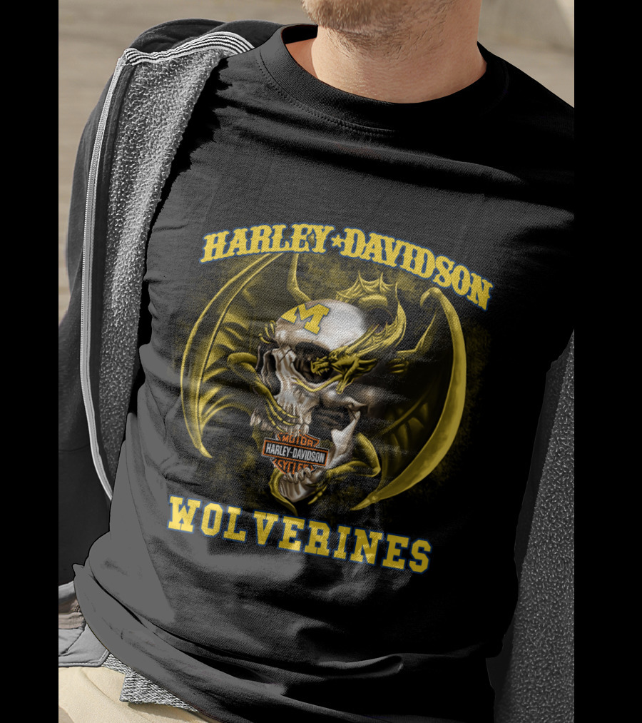 Harley Davidson Michigan Wolverines Skull With Dragon And Motor Cycles T-Shirt