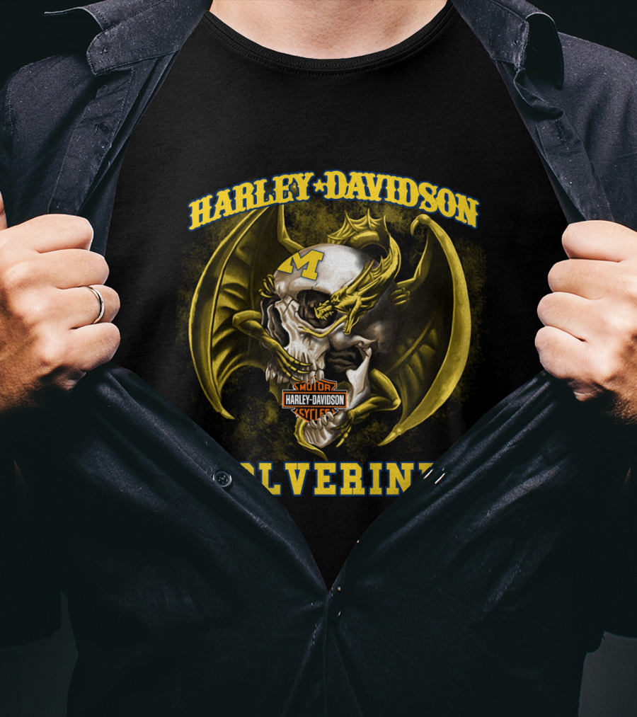 Harley Davidson Michigan Wolverines Skull With Dragon And Motor Cycles T-Shirt