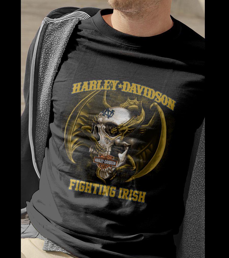 Harley Davidson Notre Dame Fighting Irish Skull And Wings T-Shirt