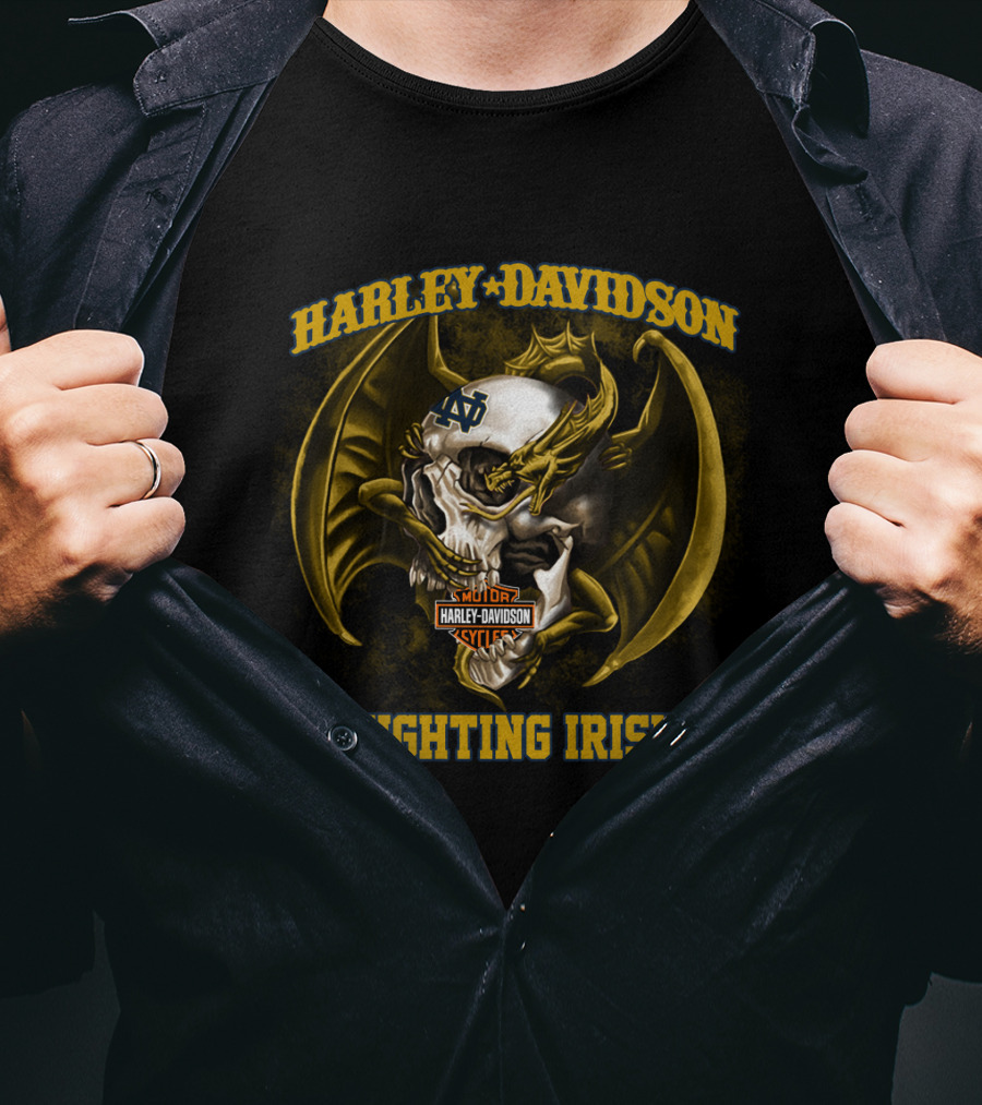 Harley Davidson Notre Dame Fighting Irish Skull And Wings T-Shirt