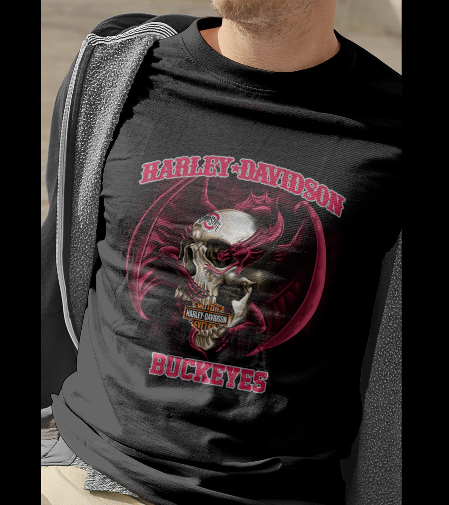 Harley Davidson Ohio State Buckeyes Skull And Wings T-Shirt