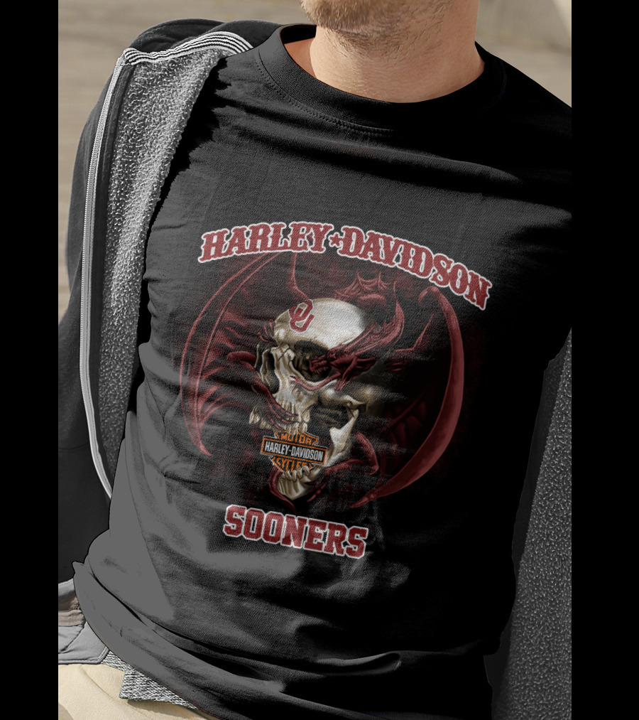 Harley Davidson Sooners Skull With Wings And Oklahoma T-Shirt
