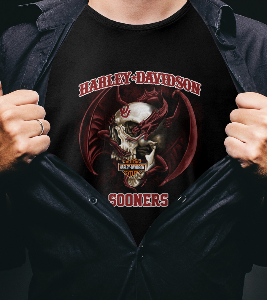 Harley Davidson Sooners Skull With Wings And Oklahoma T-Shirt