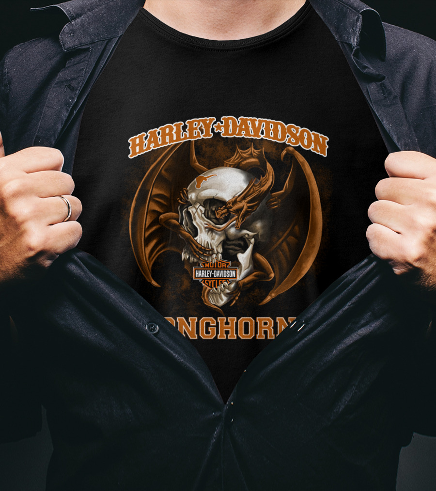 Harley Davidson Motor Cycles Longhorns Skull Bat Wings T-Shirt