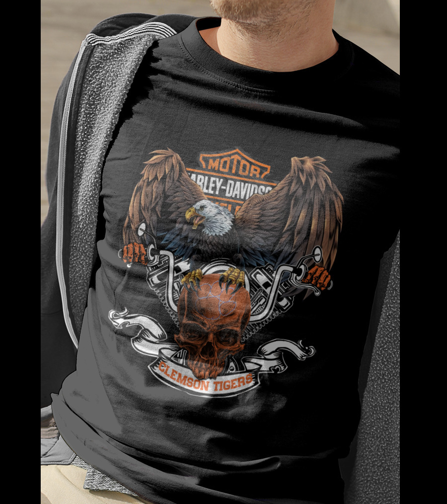 Harley Davidson Clemson Tigers Skull Eagle Motorcycle T-Shirt