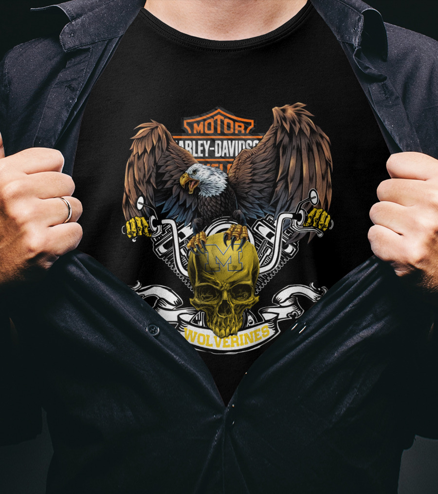 Motor Harley Davidson Cycle Michigan Wolverines Eagle Skull T-Shirt