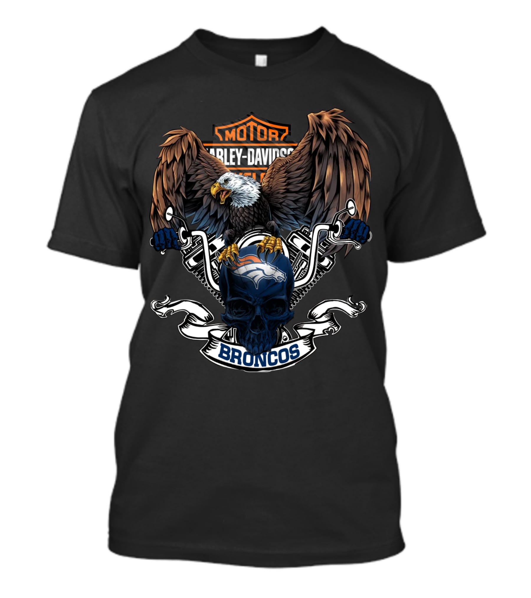 Motor Harley Davidson Eagle Nfl Denver Broncos Skull T-Shirt