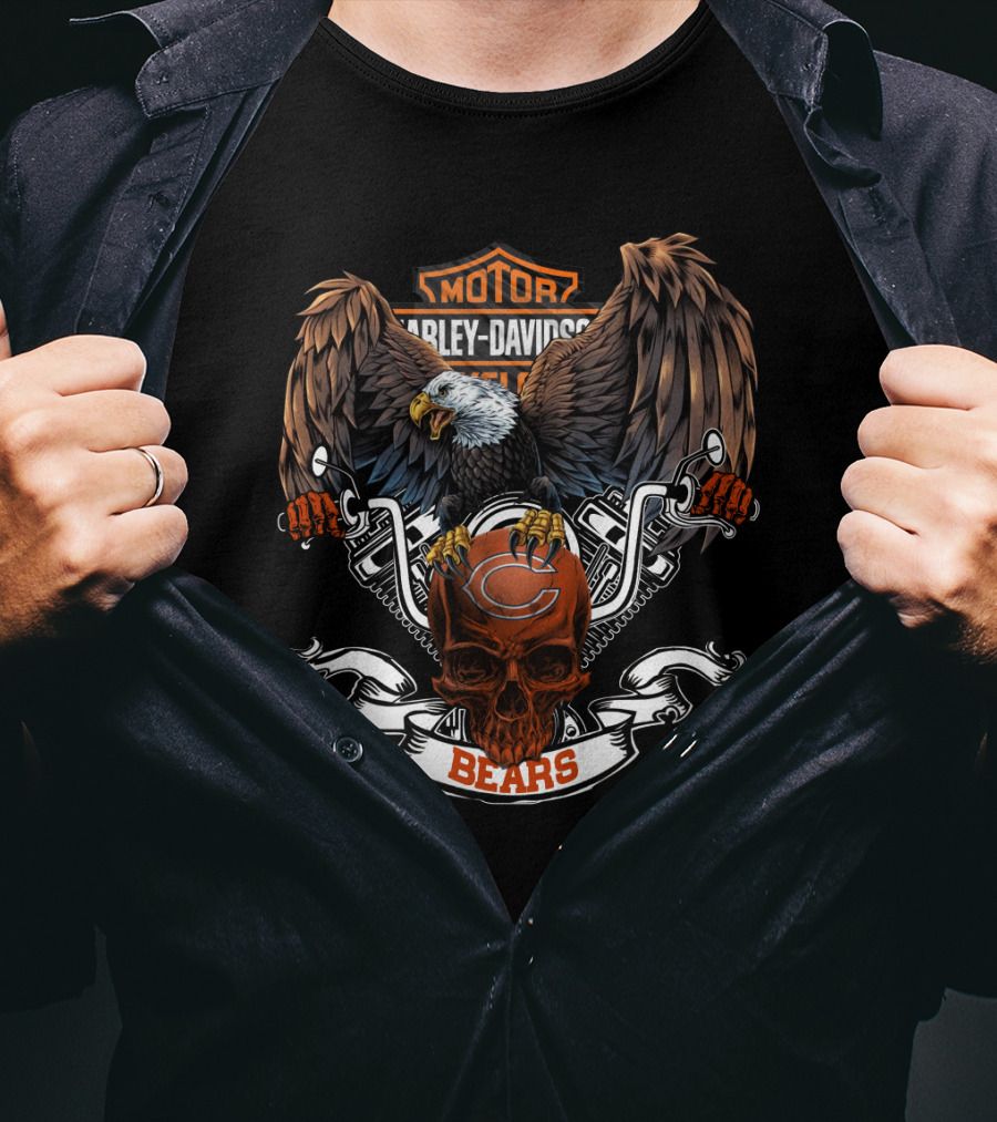 Hd Nfl Chicago Bears Harley Davidson Motif With Eagle And Skull T-Shirt