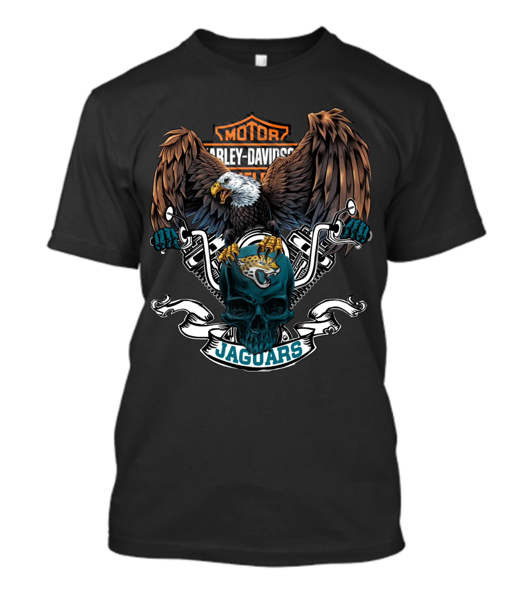 Harley Davidson Motorcycles Bald Eagle And Skull With Nfl Jacksonville Jaguars T-Shirt