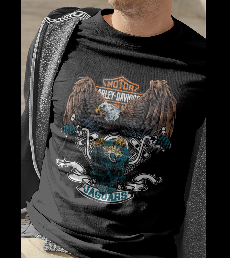 Harley Davidson Motorcycles Bald Eagle And Skull With Nfl Jacksonville Jaguars T-Shirt
