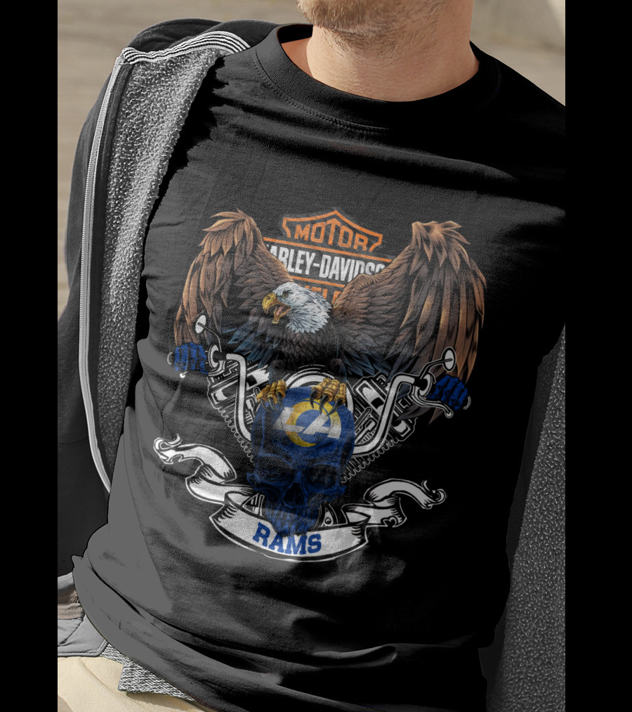 Harley Davidson Motorcycles Eagle With Los Angeles Rams Skull T-Shirt