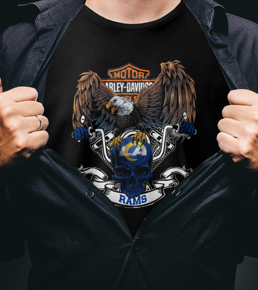 Harley Davidson Motorcycles Eagle With Los Angeles Rams Skull T-Shirt