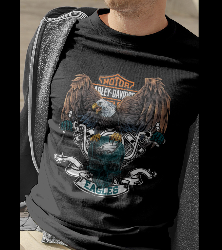 Hd Nfl Philadelphia Eagles Harley Davidson Motorcycle Skull T-Shirt