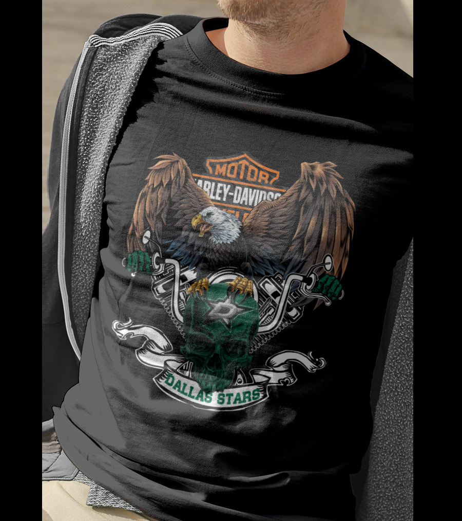 Harley Davidson Motorcycles Bald Eagle Dallas Stars Nhl Hockey Skull T-Shirt