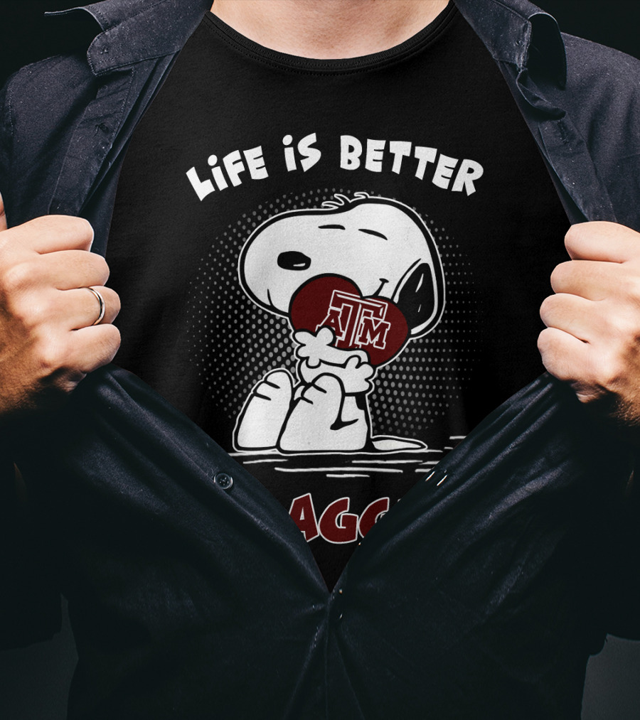 Life Is Better With Aggies Texas A&M Snoopy Hugging Football T-Shirt