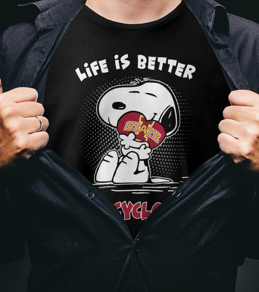 Life Is Better With Cyclones Iowa State Snoopy Hugging Football T-Shirt