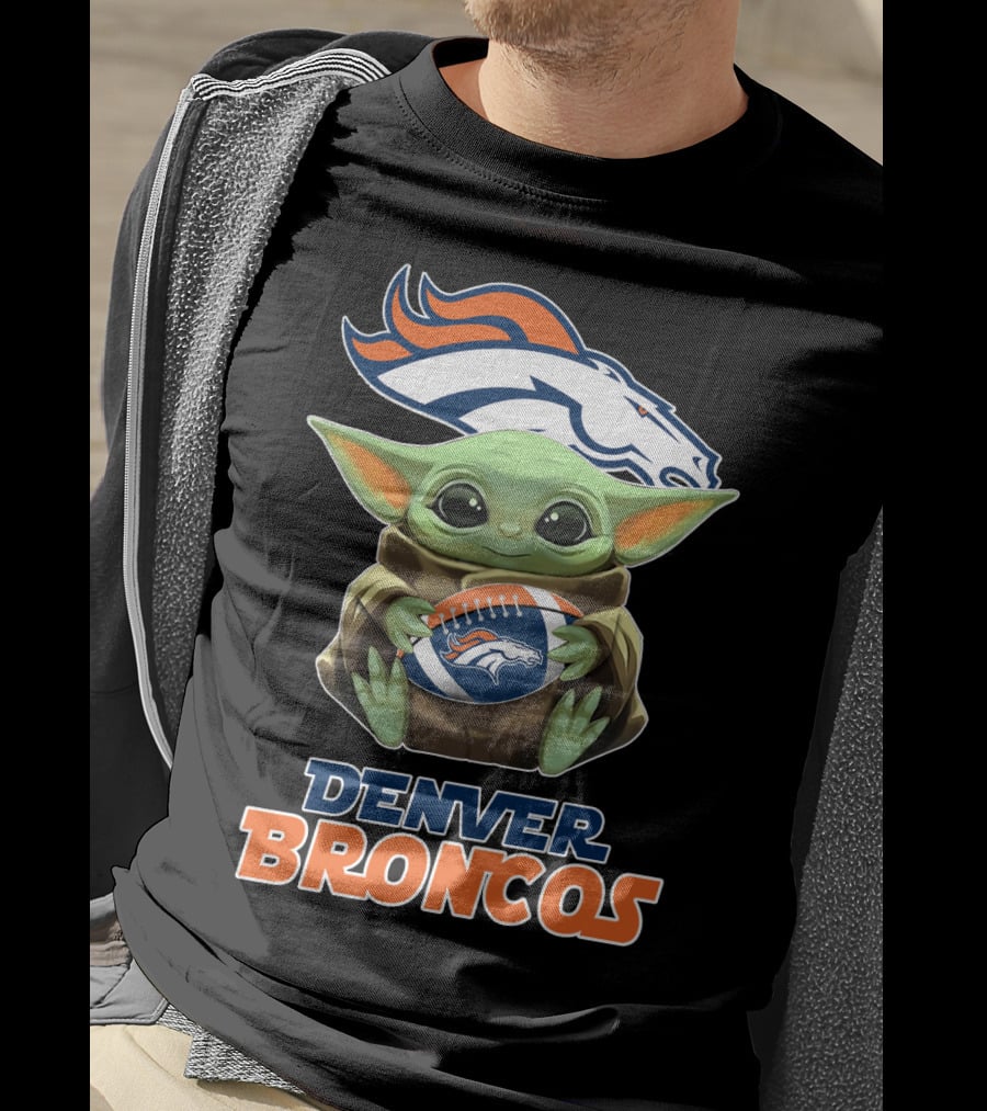 Denver Broncos Grogu Holding Football T-Shirt