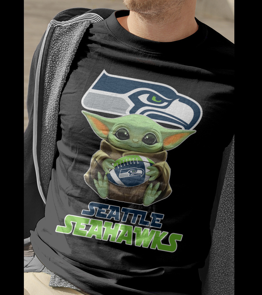 Seattle Seahawks Baby Yoda Holding Football Fan T-Shirt