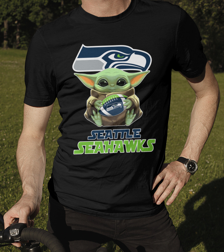 Seattle Seahawks Baby Yoda Holding Football Fan T-Shirt