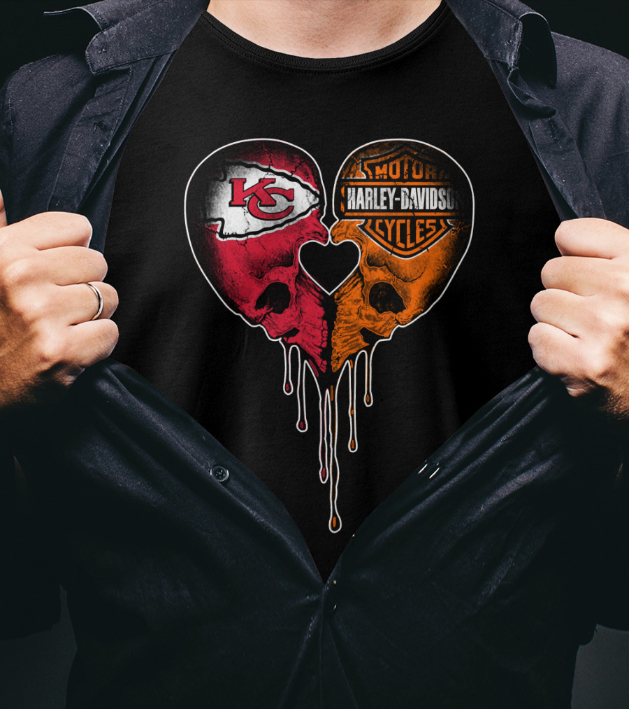 Kansas City Chiefs Harley Davidson Heart Skulls Fan T-Shirt